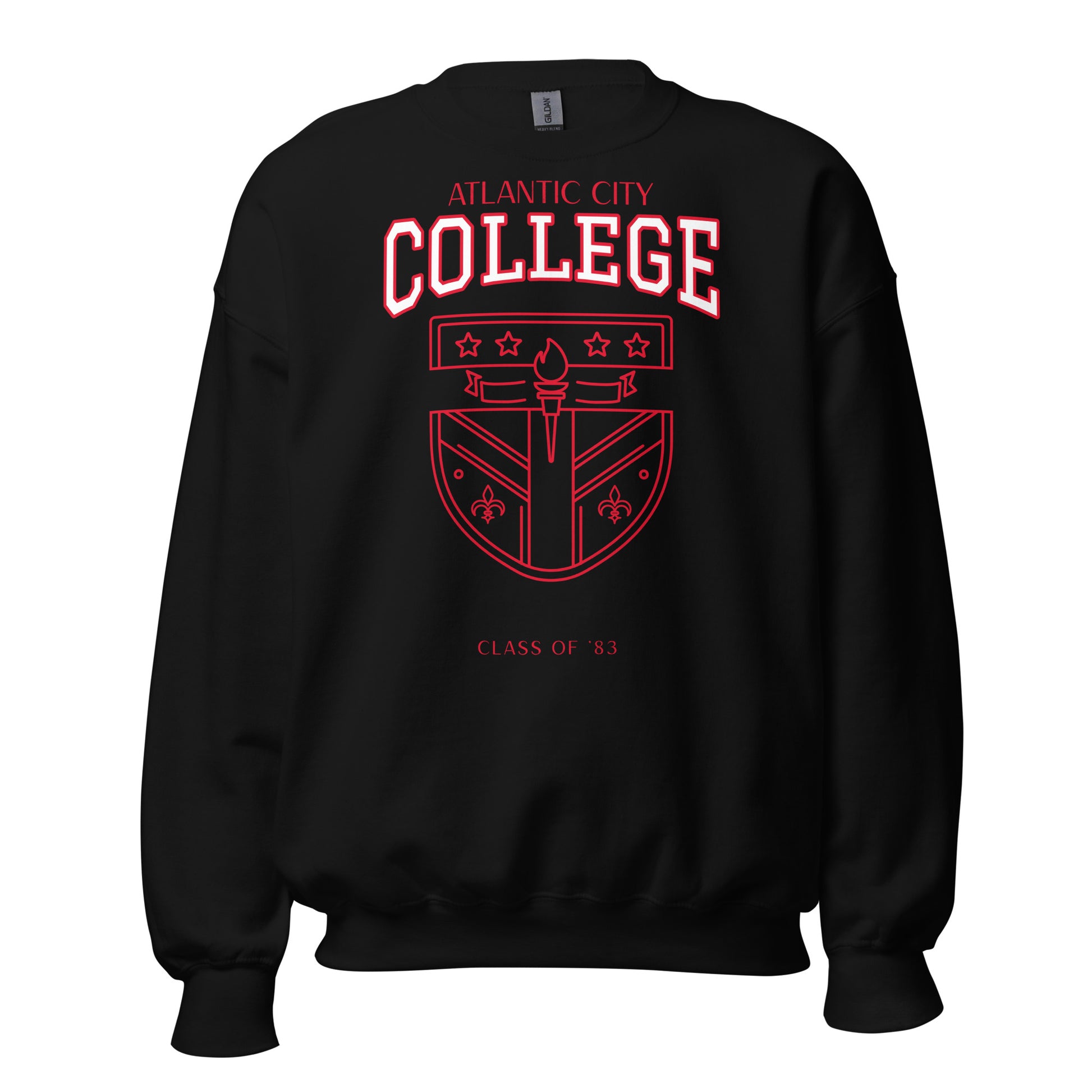 Black sweatshirt with red Atlantic City College crest and "Class of '83" text.