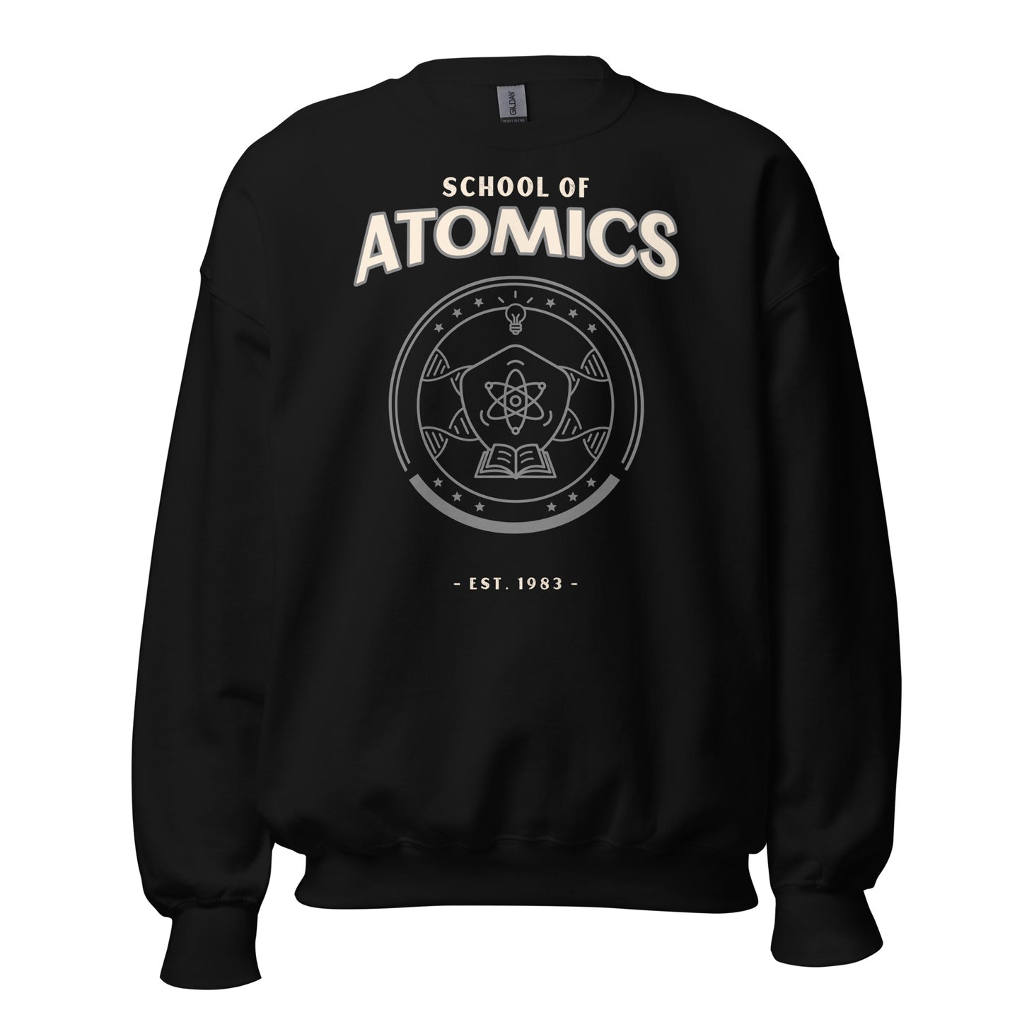 Black sweatshirt with "School of Atomics" and a circular emblem.