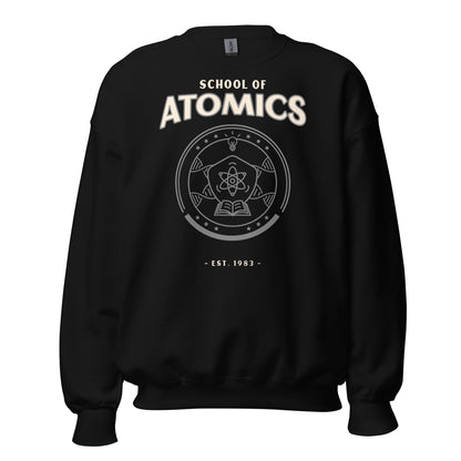 Black sweatshirt with "School of Atomics" and a circular emblem.