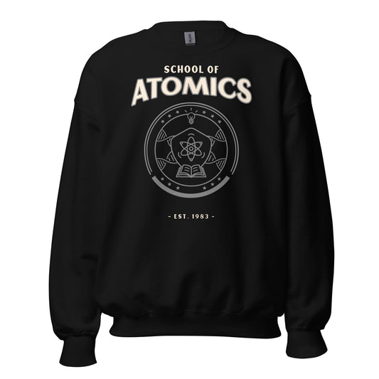 Black sweatshirt with "School of Atomics" and a circular emblem.