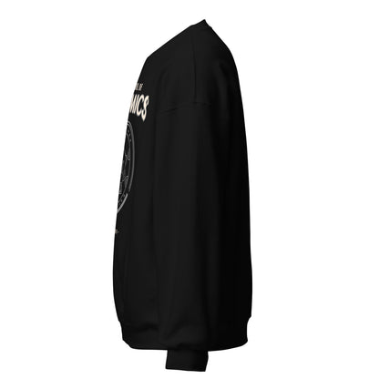 Black sweatshirt with "School Of Atomics" graphic on the chest.