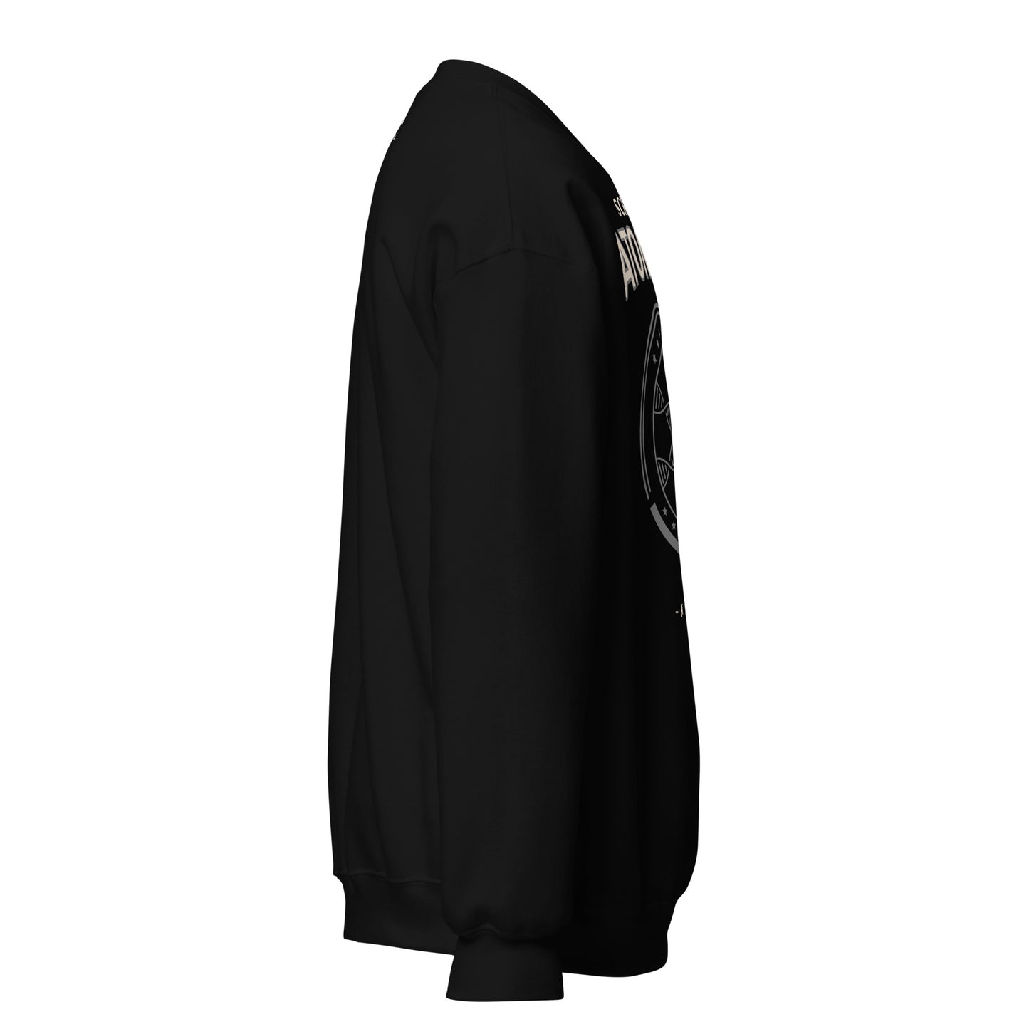 Black sweatshirt with "School Of Atomics" graphic.