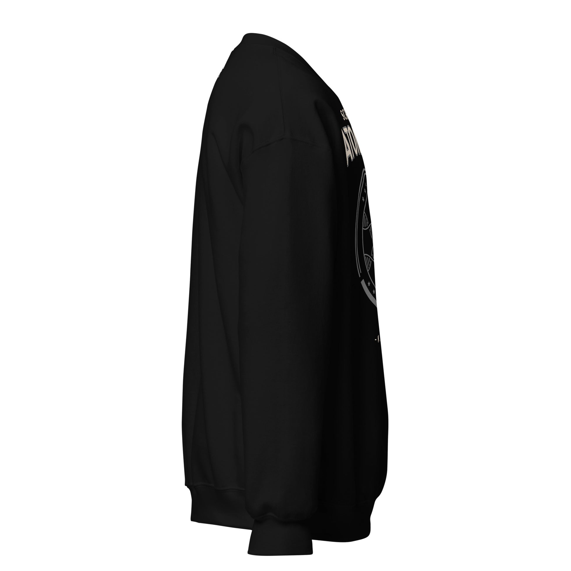 Black sweatshirt with "School Of Atomics" graphic.