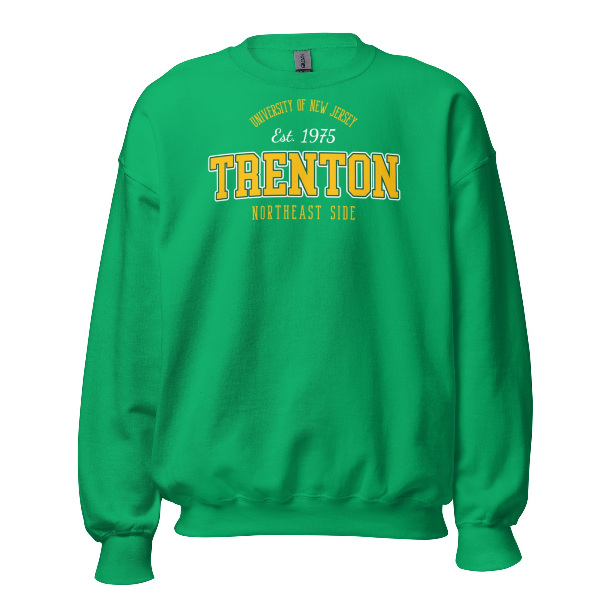 Green sweatshirt with "Trenton Northeast Side Est. 1975 University of New Jersey" text.