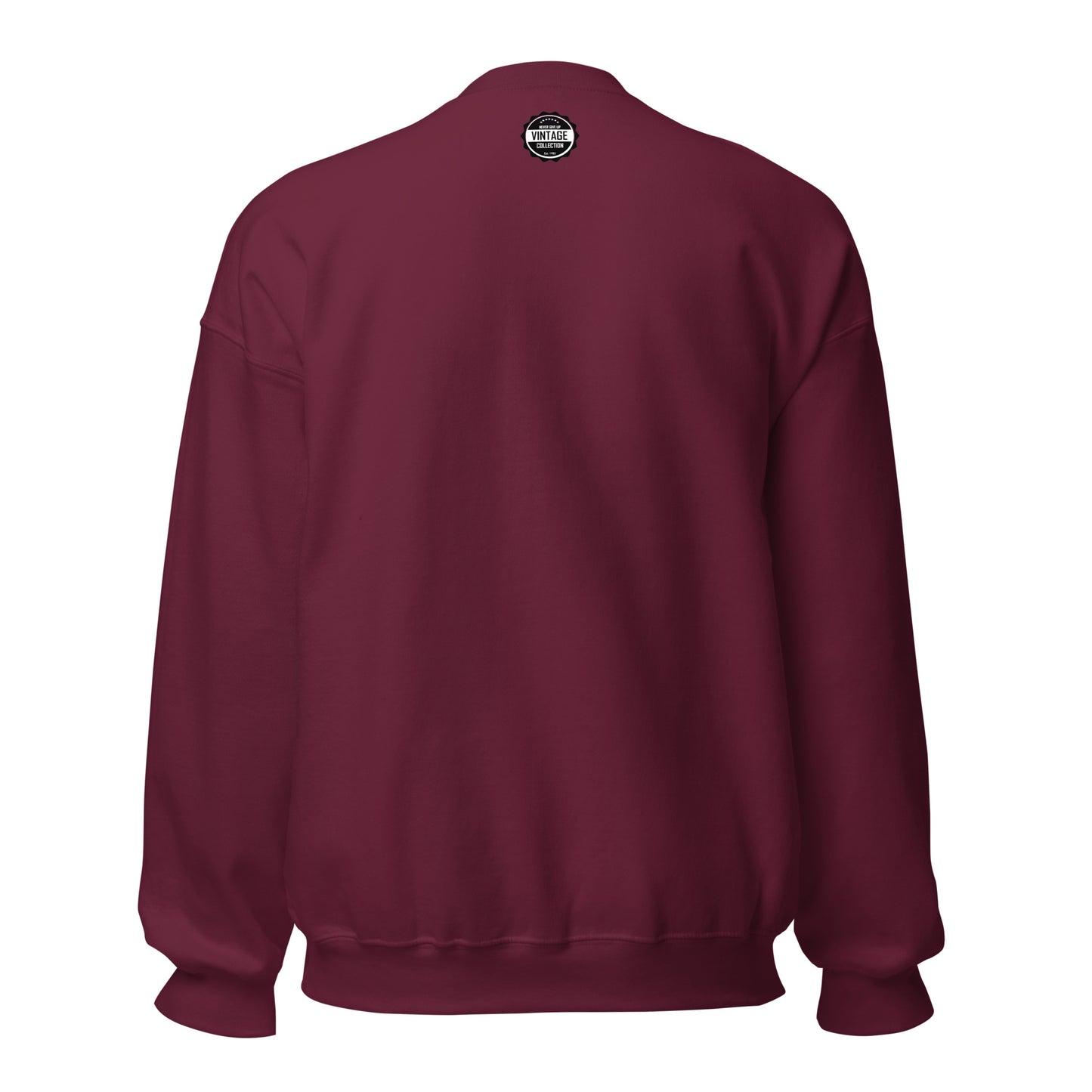 Maroon sweatshirt with a vintage collegiate crest on the back.