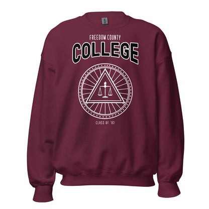 Maroon sweatshirt with "Freedom County College" and a circular emblem.