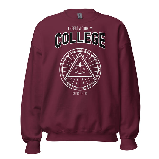 Maroon sweatshirt with "Freedom County College" and a circular emblem.