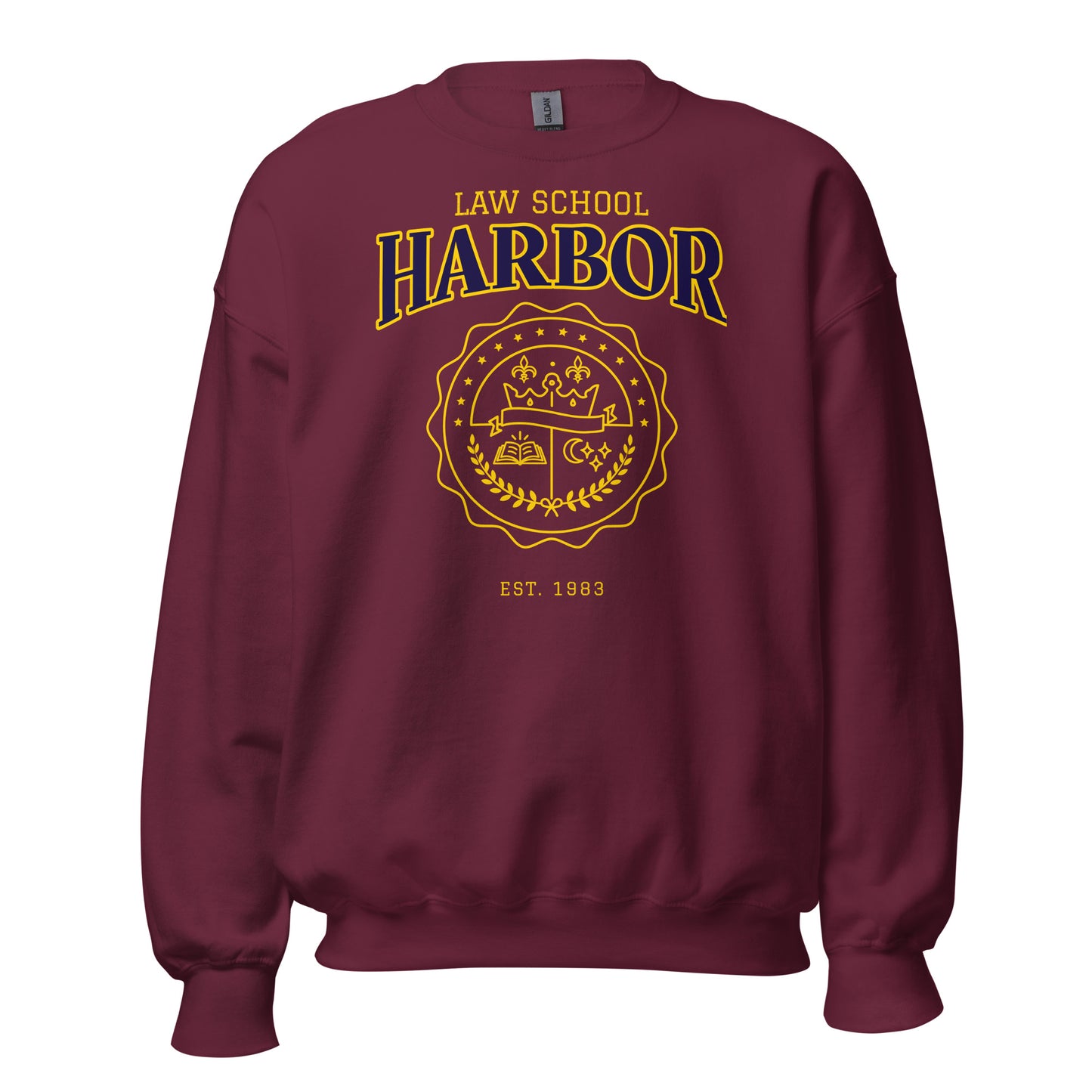 Maroon sweatshirt with vintage Harbor Law School crest and "EST. 1983".