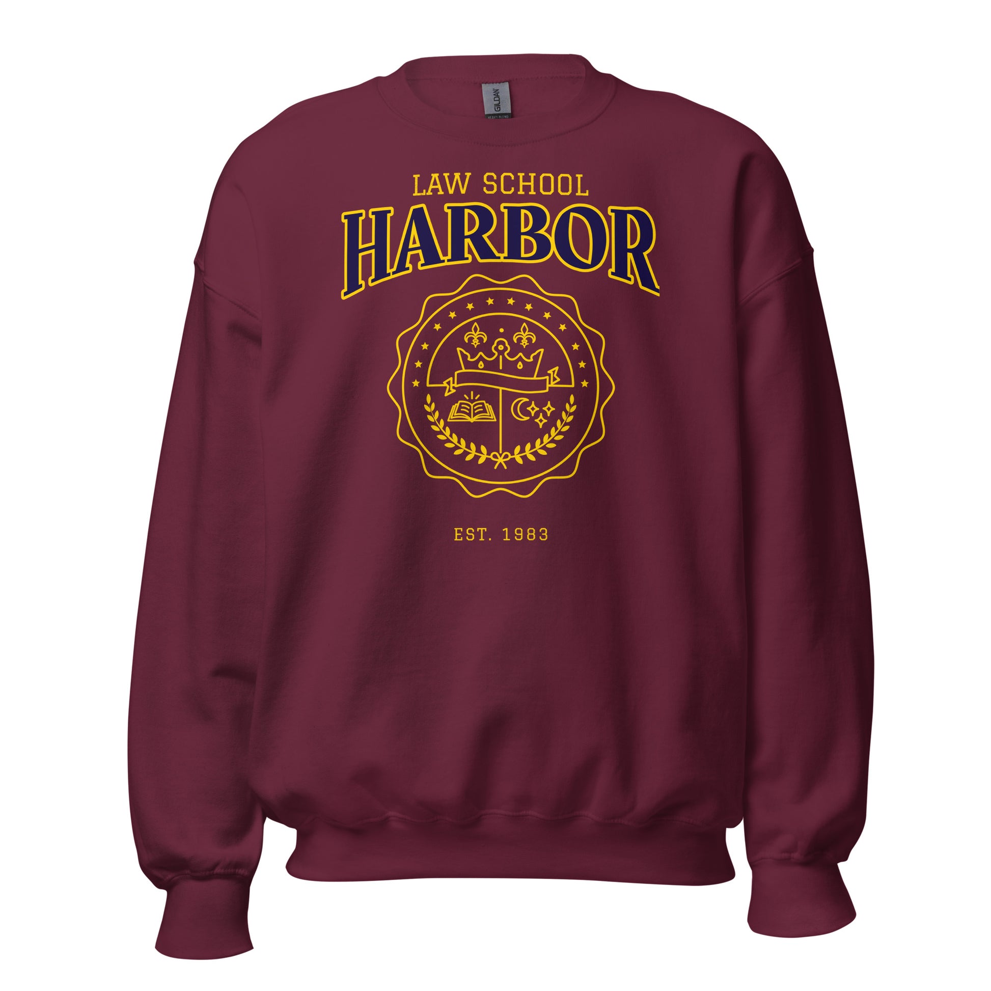 Maroon sweatshirt with vintage Harbor Law School crest and "EST. 1983".