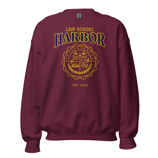 Maroon sweatshirt with vintage Harbor Law School crest and "EST. 1983".