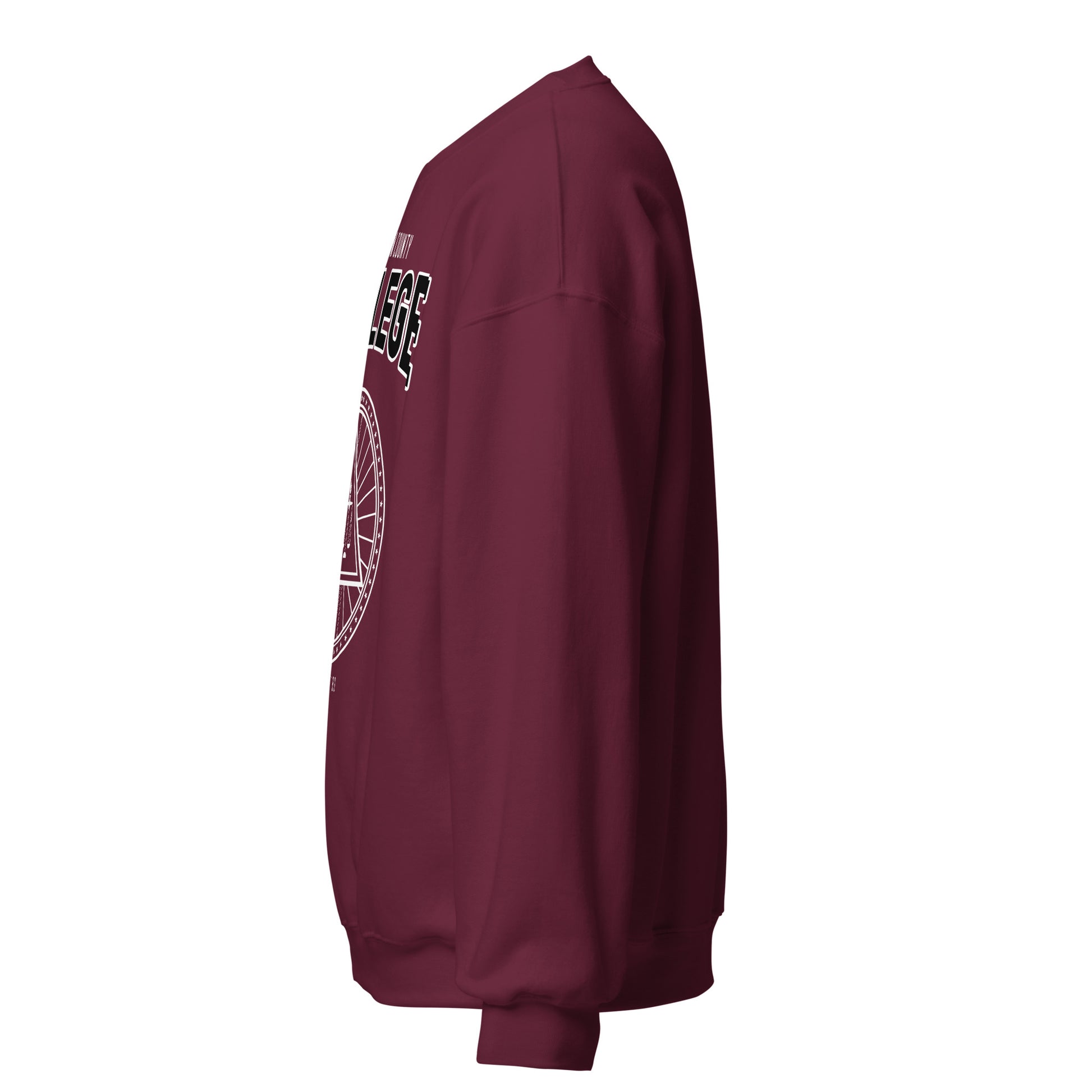 Freedom County College sweatshirt in maroon with vintage collegiate graphic.