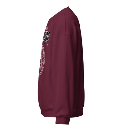 Freedom County College sweatshirt in maroon with vintage collegiate graphic.