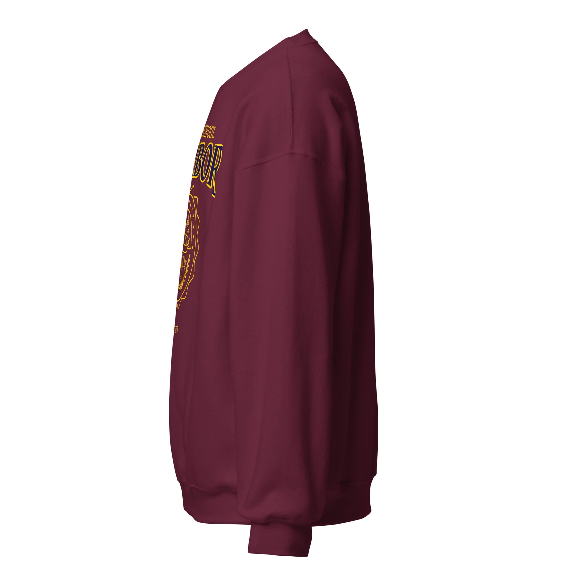 Maroon sweatshirt with a vintage collegiate crest design.