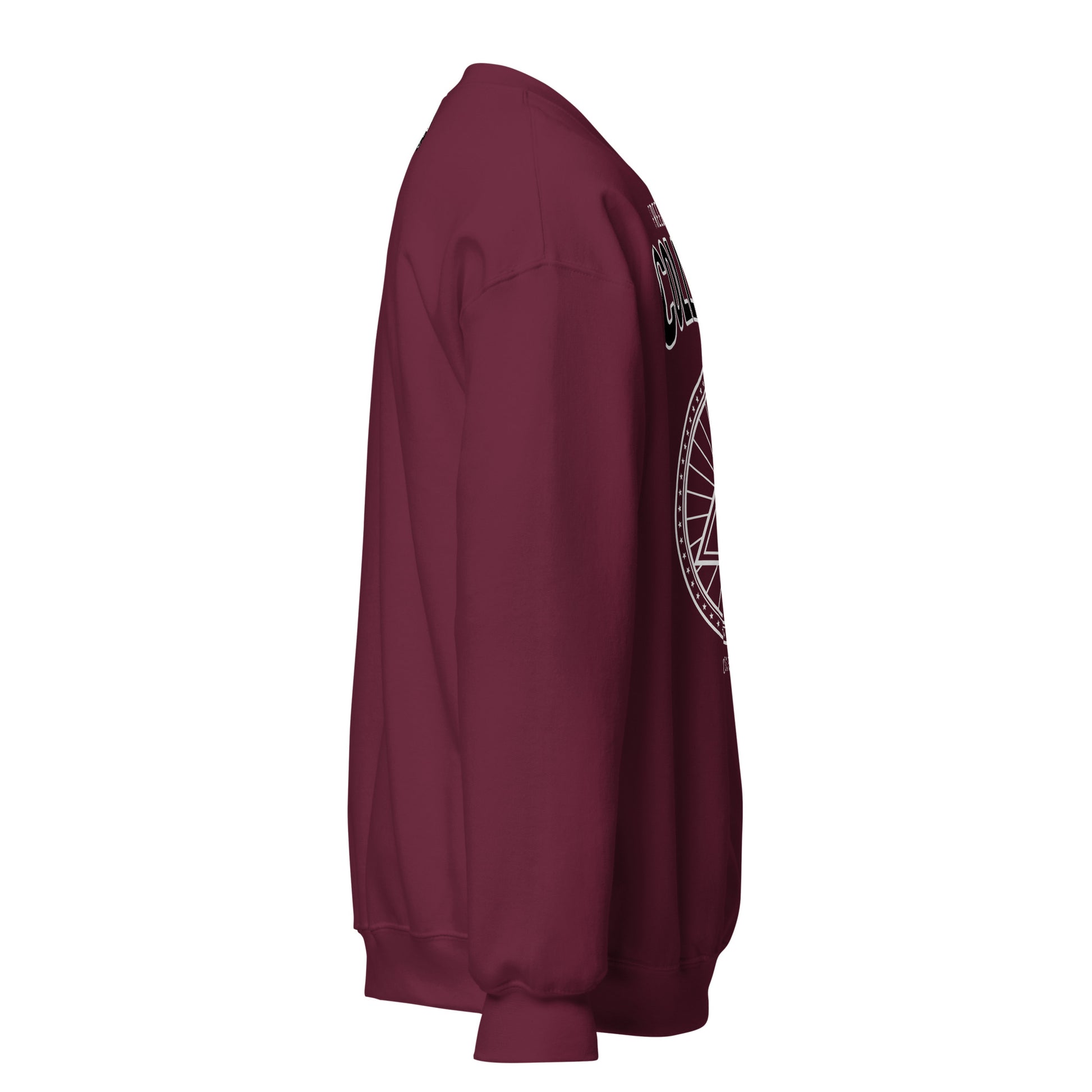 Maroon crewneck sweatshirt with a vintage collegiate graphic.