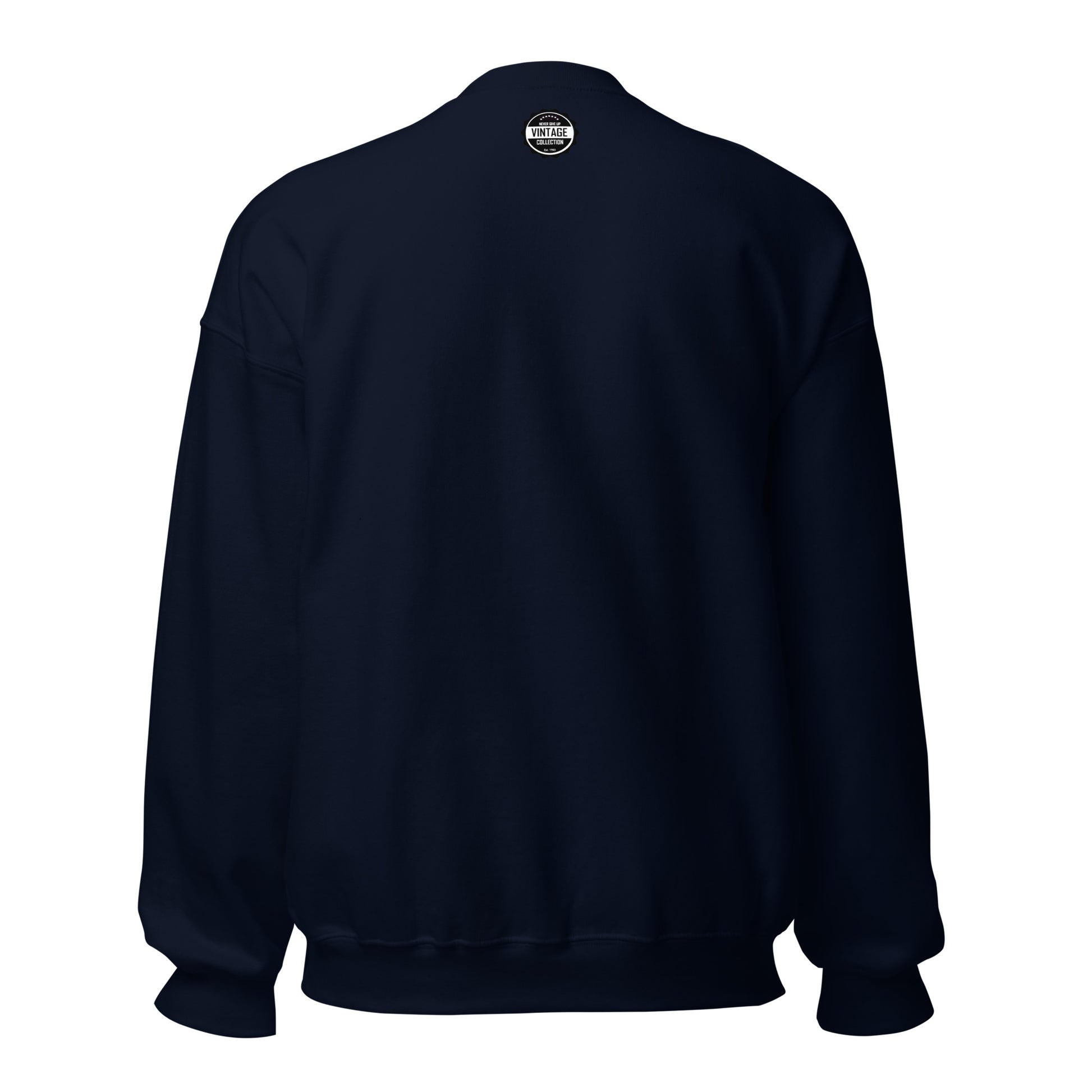 Navy blue sweatshirt with a vintage collegiate crest logo on the back.