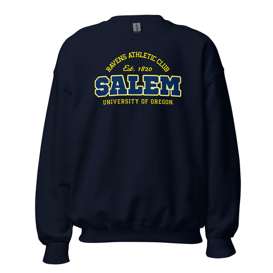 Navy blue sweatshirt with "Salem University of Oregon" and "Ravens Athletic Club Est. 1820" in yellow lettering.