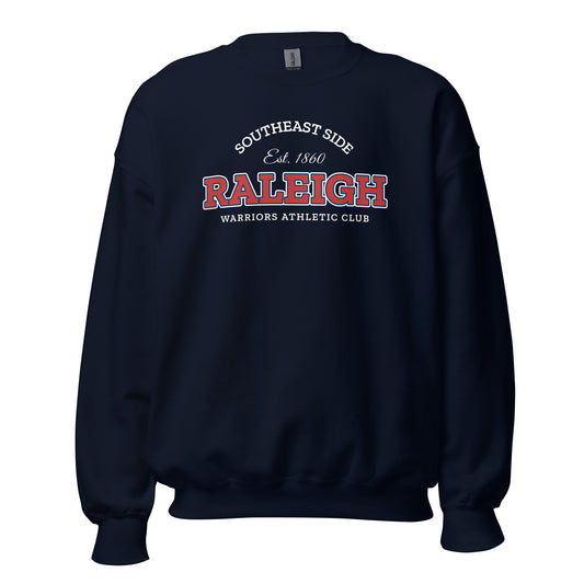 Navy sweatshirt with "Raleigh Warriors Athletic Club Southside Est. 1860" graphic.