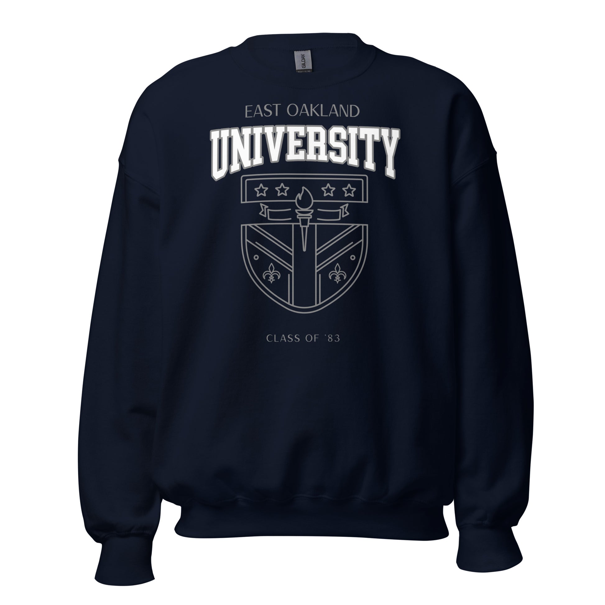 Navy blue sweatshirt with East Oakland University crest and "Class of '83".