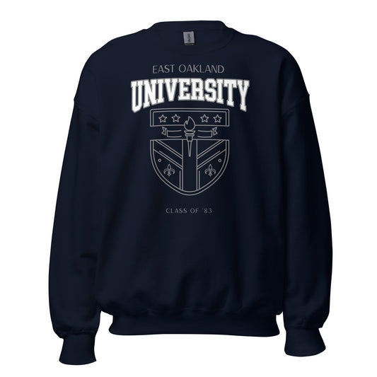 Navy blue sweatshirt with East Oakland University crest and "Class of '83".