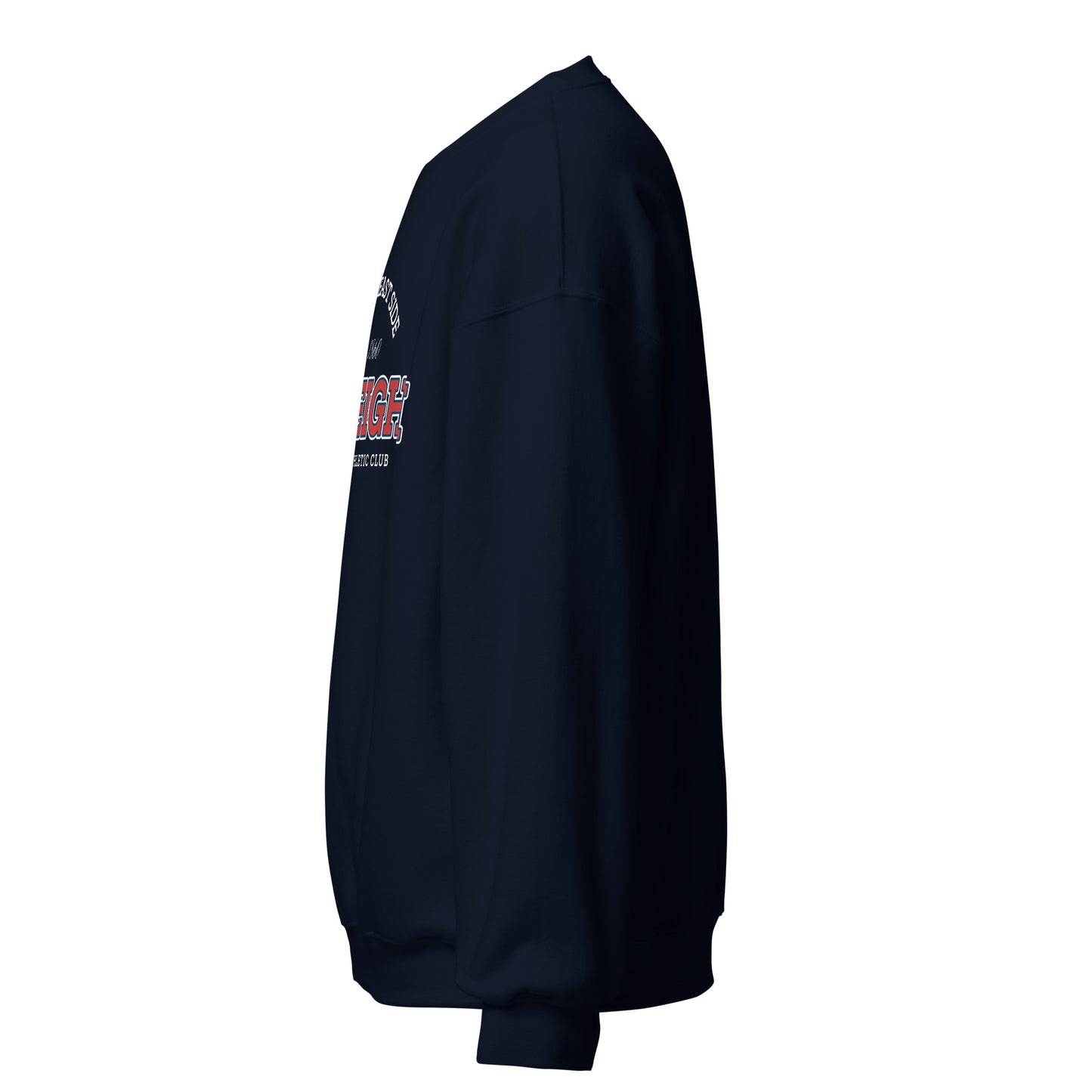 Navy blue sweatshirt with "Raleigh Warriors Athletic Club" graphic.