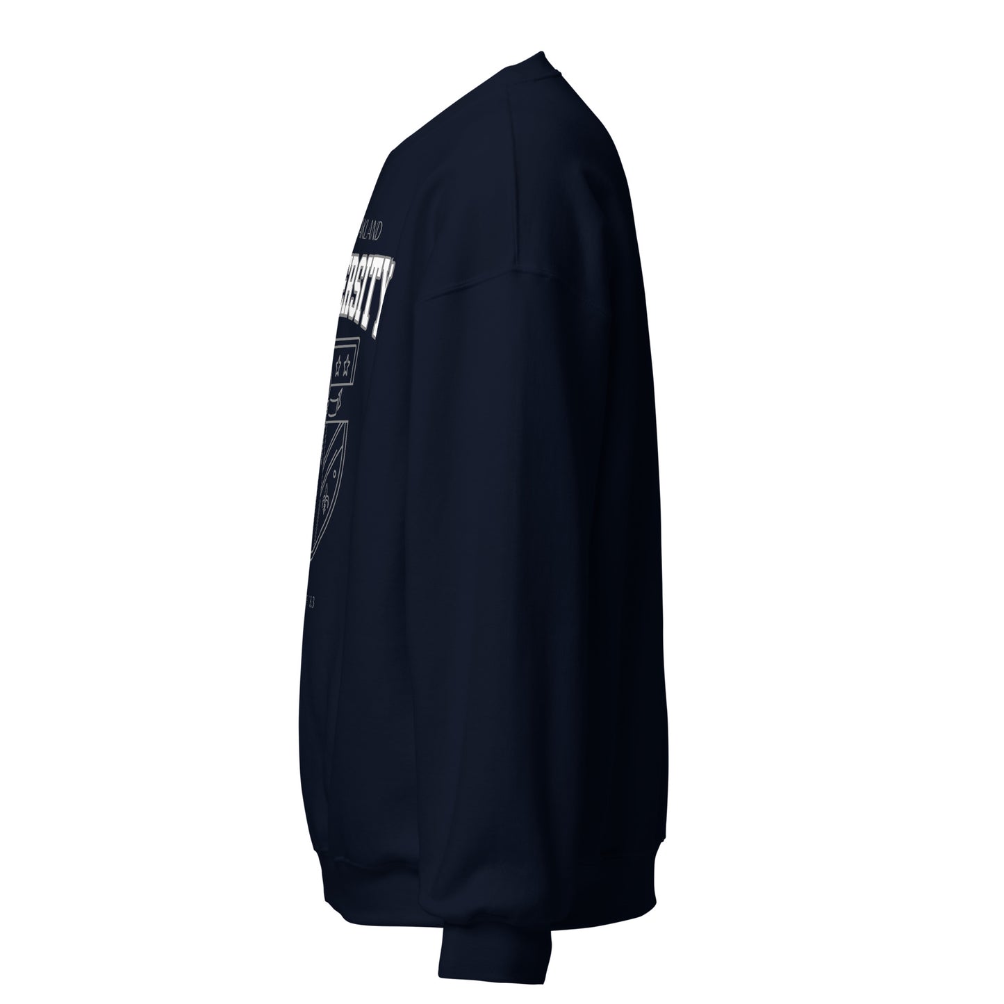 Navy sweatshirt with East Oakland University collegiate crest.