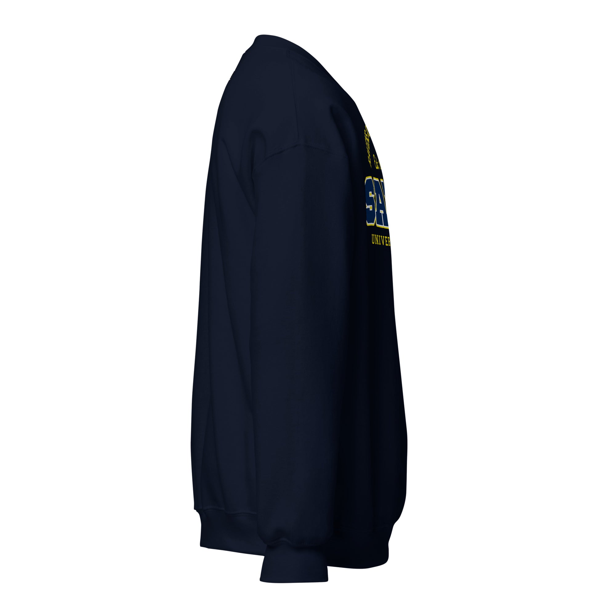 Salem University of Oregon navy blue sweatshirt with yellow lettering.