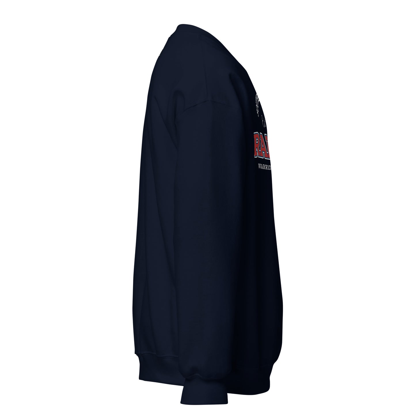Navy blue sweatshirt with "Raleigh Warriors" graphic.