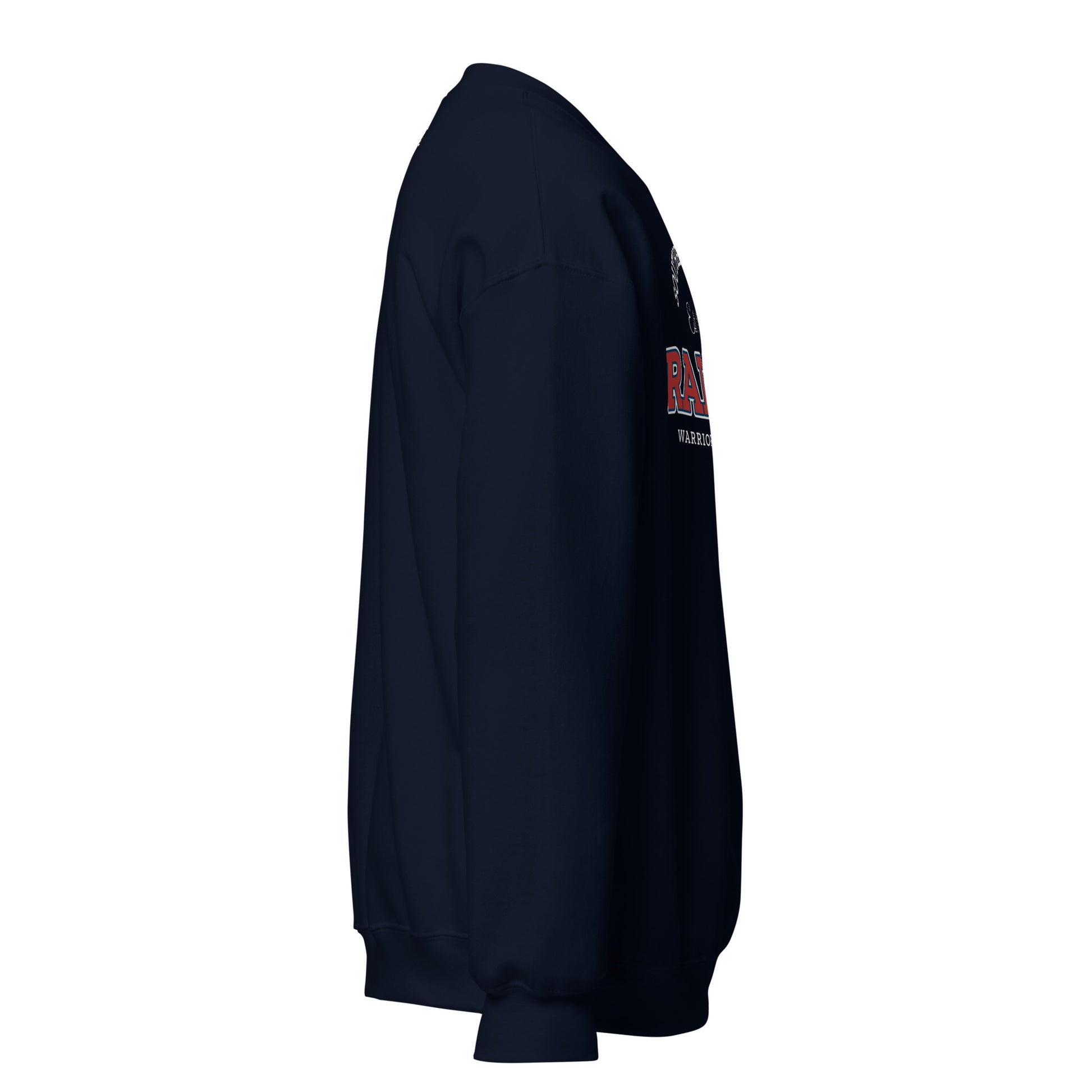 Navy blue sweatshirt with "Raleigh Warriors" graphic.