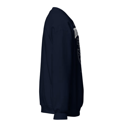 Navy blue sweatshirt with a vintage collegiate crest graphic.