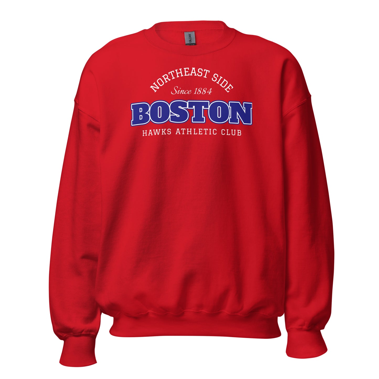 Red sweatshirt with "Boston Hawks Athletic Club Northeast Side Since 1884" graphic.