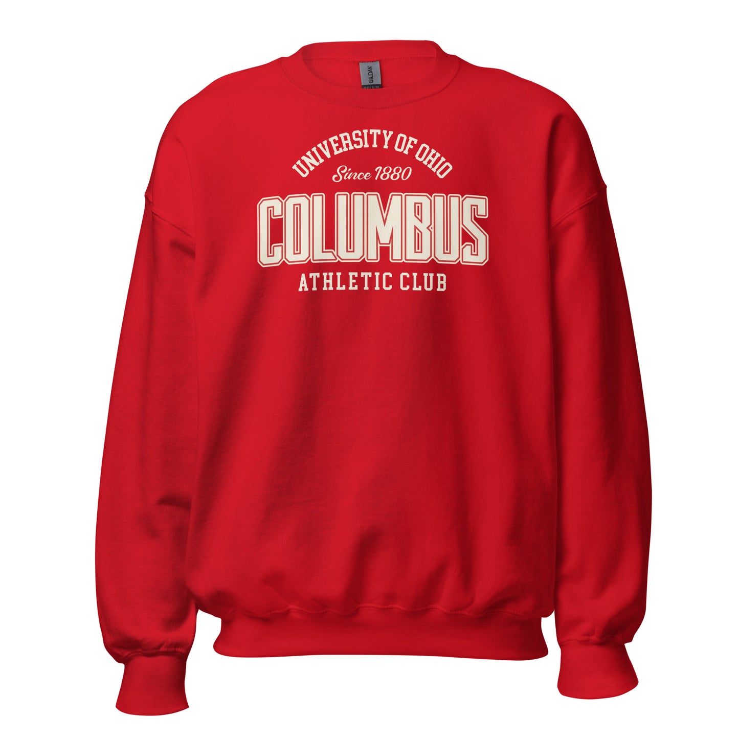 Red sweatshirt with "Columbus Athletic Club" and "University of Ohio" graphics.