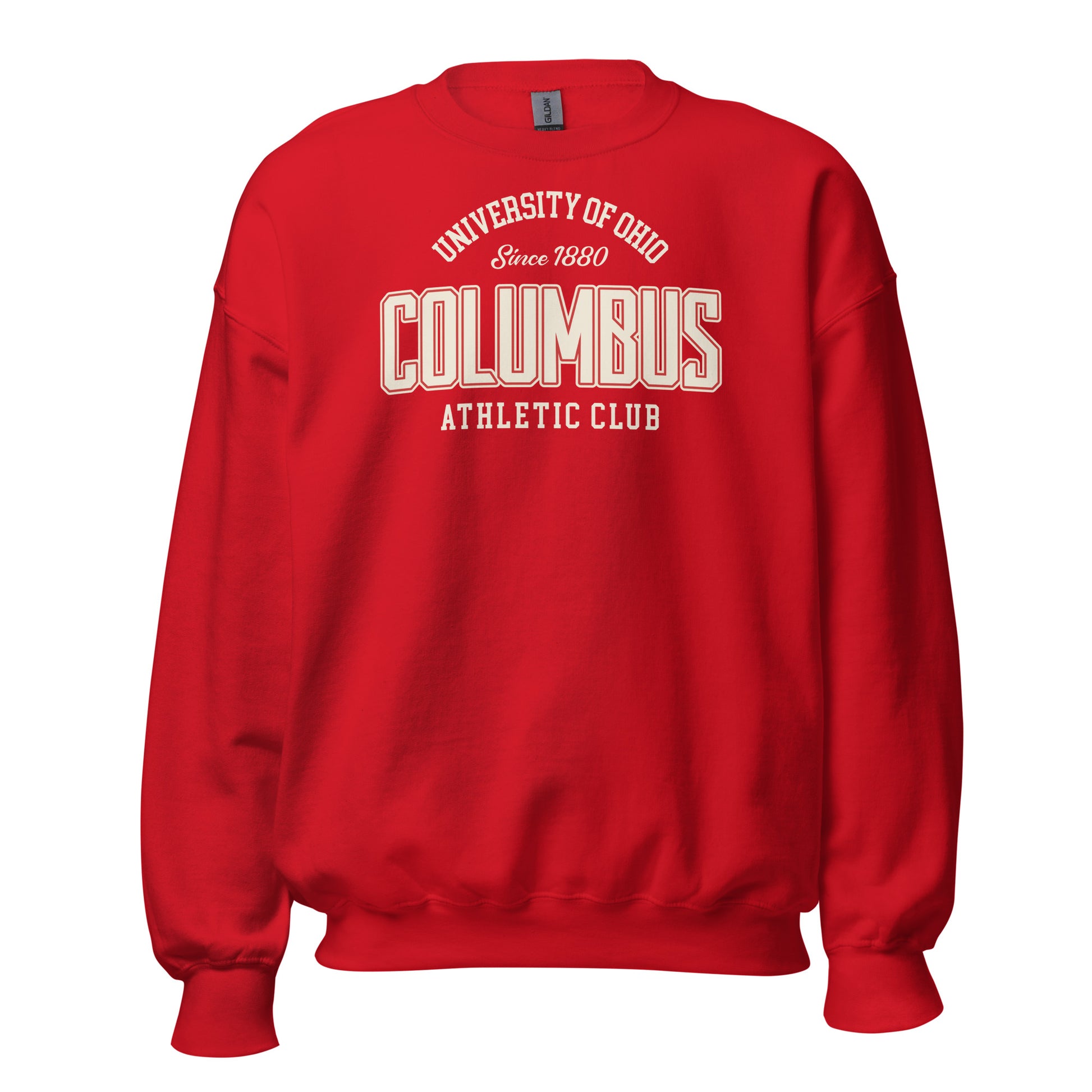 Red sweatshirt with "Columbus Athletic Club" and "University of Ohio" graphics.
