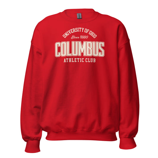 Red sweatshirt with "Columbus Athletic Club" and "University of Ohio" graphics.