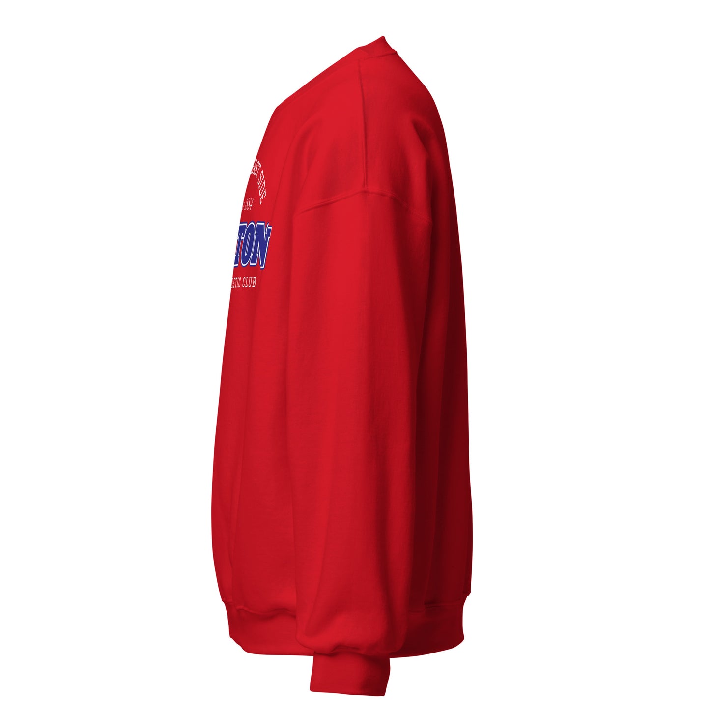 Red sweatshirt with "BOSTON" and "EAST SIDE ATHLETIC CLUB" text.