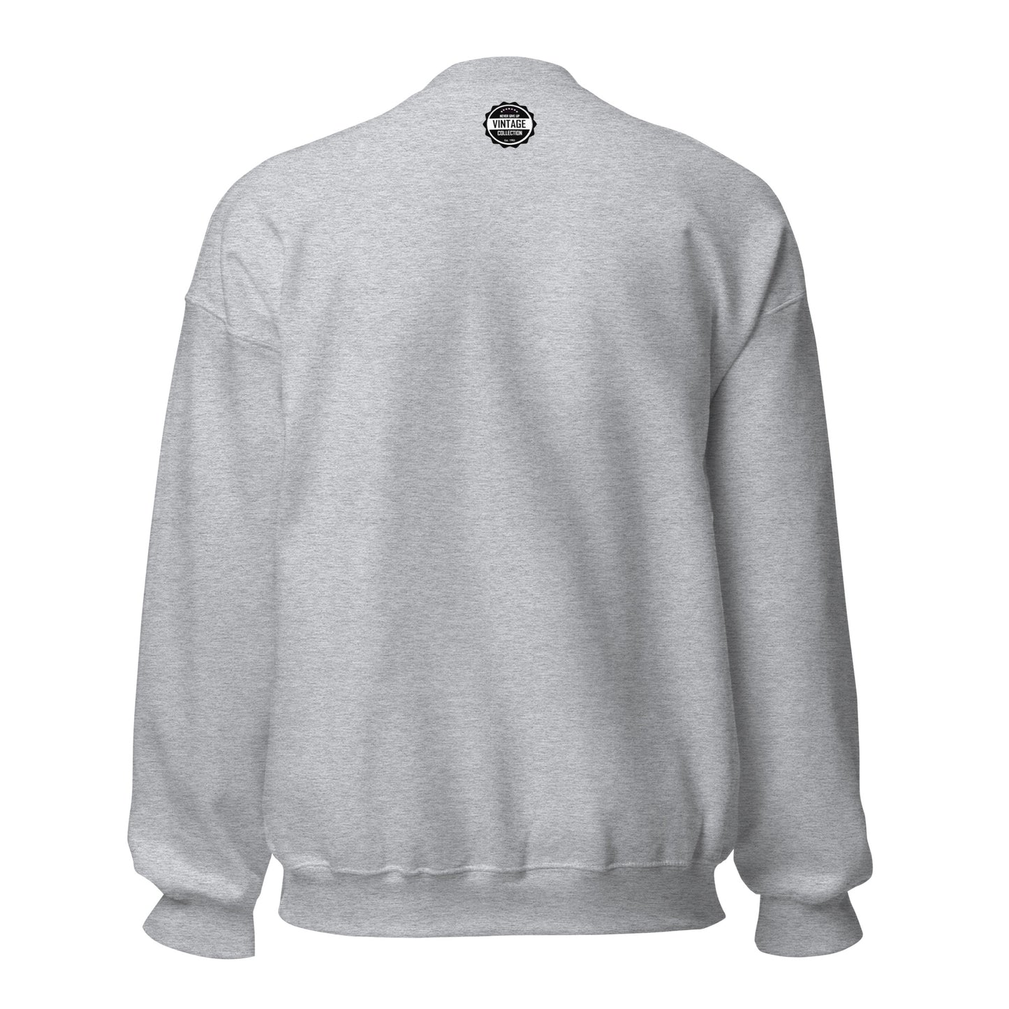Back view of a grey sweatshirt with a circular black and white logo on the upper back.