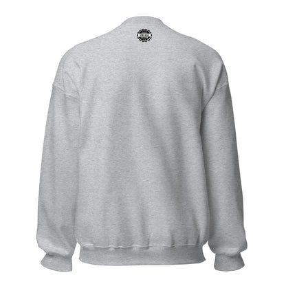 Back view of a grey sweatshirt with a circular black and white logo on the upper back.