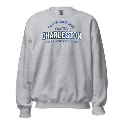 Grey sweatshirt with "Charleston Bulls Athletic Club Southeast Side Since 1950" graphic.
