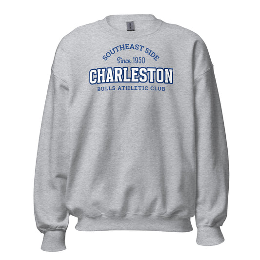 Grey sweatshirt with "Charleston Bulls Athletic Club Southeast Side Since 1950" graphic.