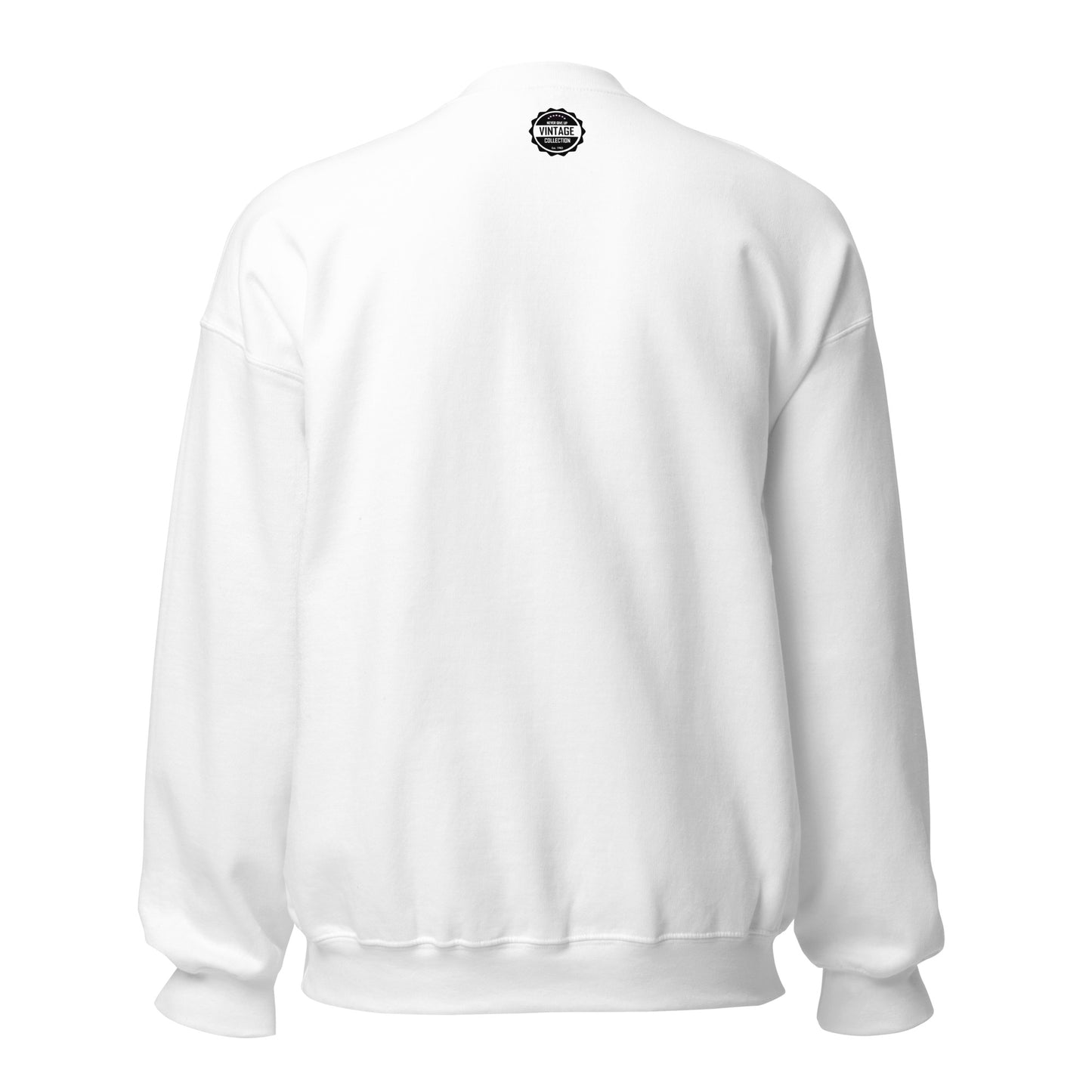 White crewneck sweatshirt with a vintage Detroit Southwest Side logo on the back.