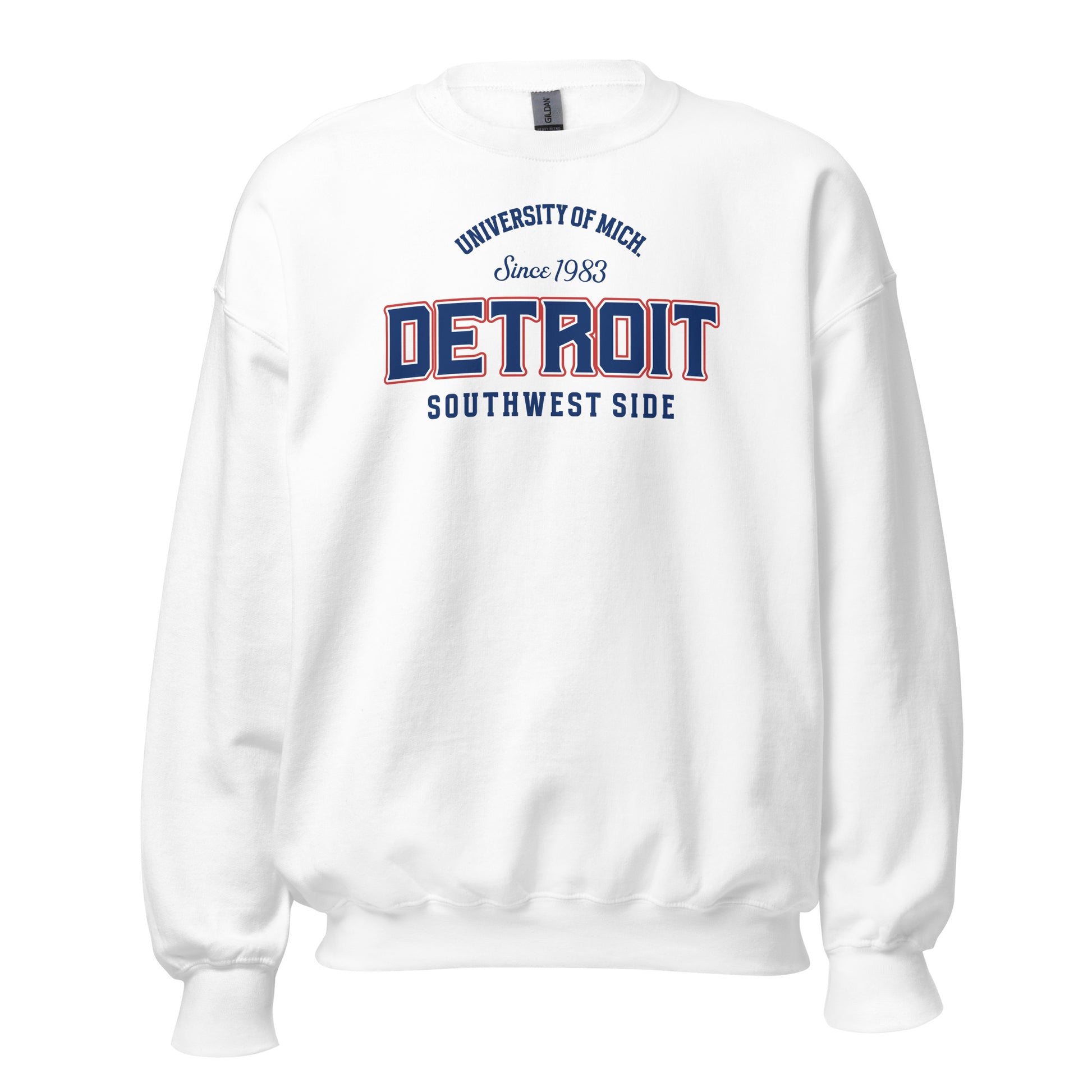 White sweatshirt with "Detroit Southwest Side" and "University of Mich Since 1983" text.
