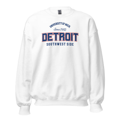 White sweatshirt with "Detroit Southwest Side" and "University of Mich Since 1983" text.