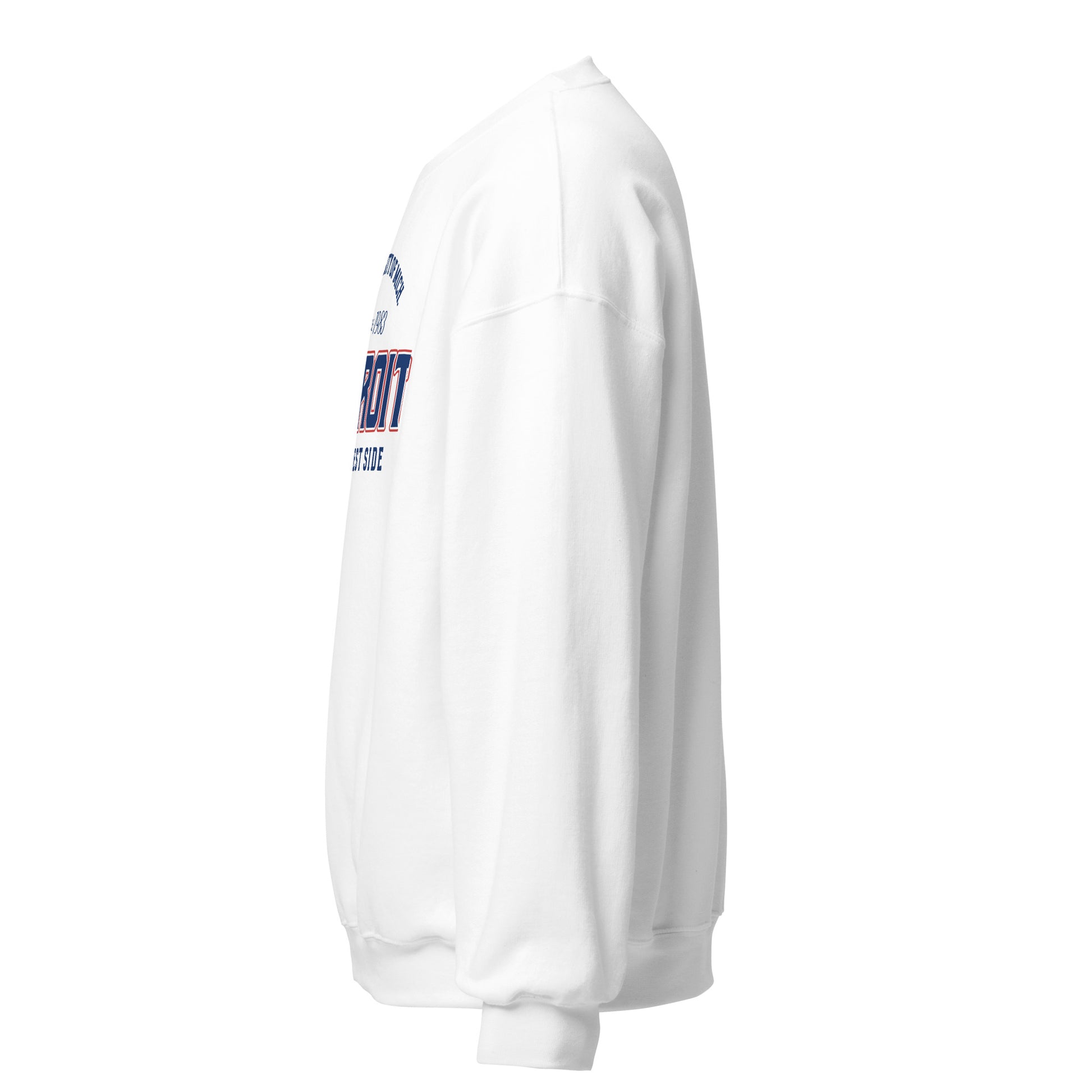 White crewneck sweatshirt with "Detroit East Side" graphic.