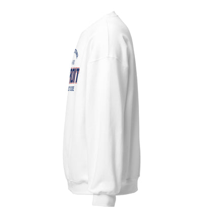 White crewneck sweatshirt with "Detroit East Side" graphic.