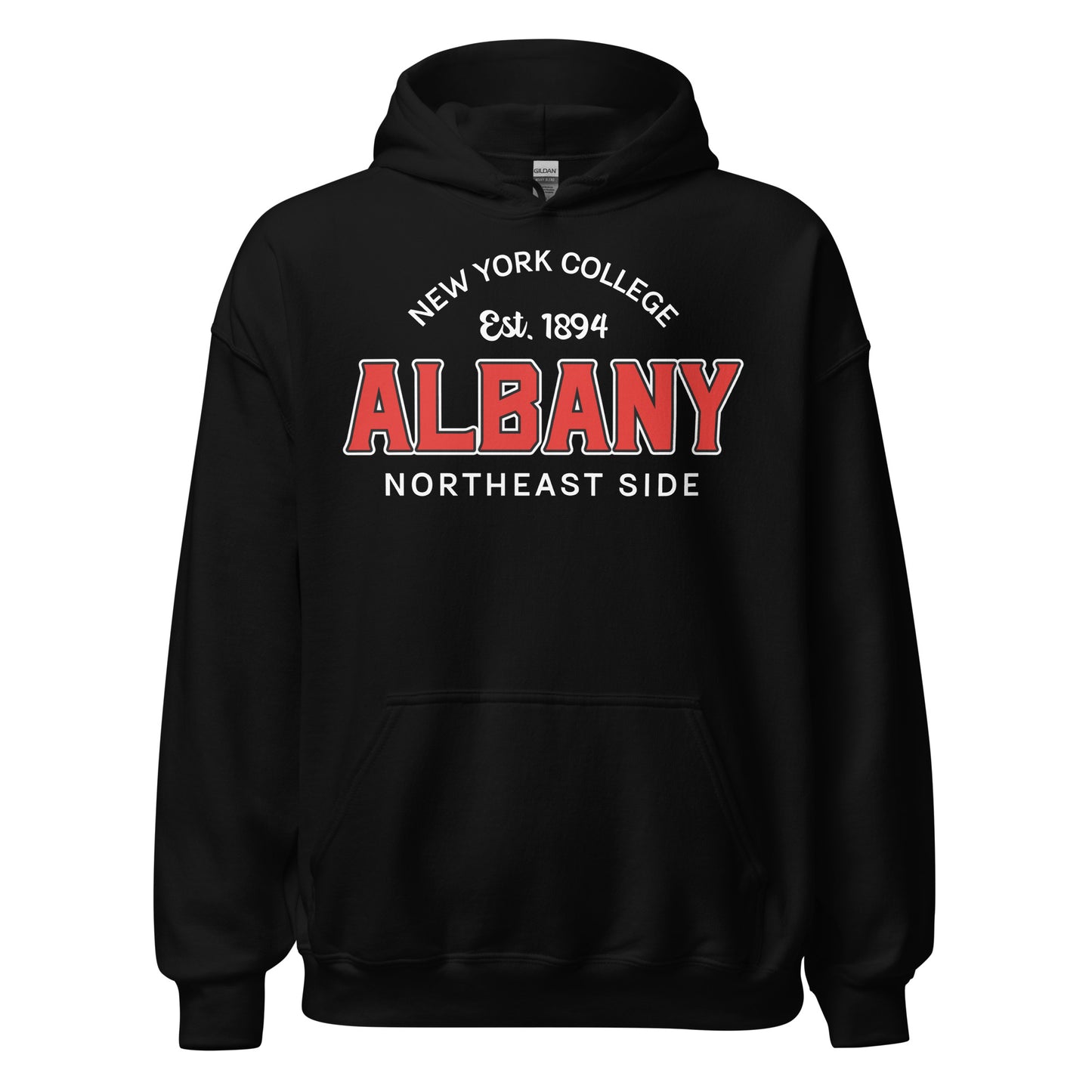 Black unisex hoodie with "Albany College Est. 1894 Northeast Side" graphic.