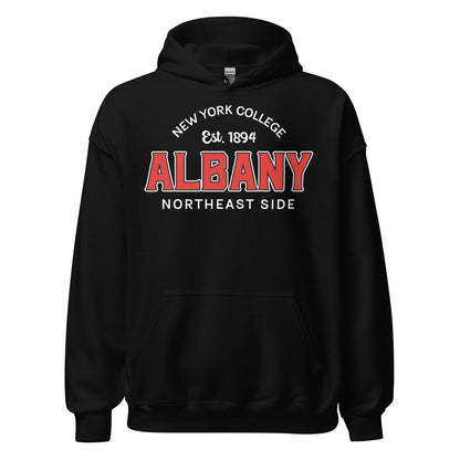 Black unisex hoodie with "Albany College Est. 1894 Northeast Side" graphic.