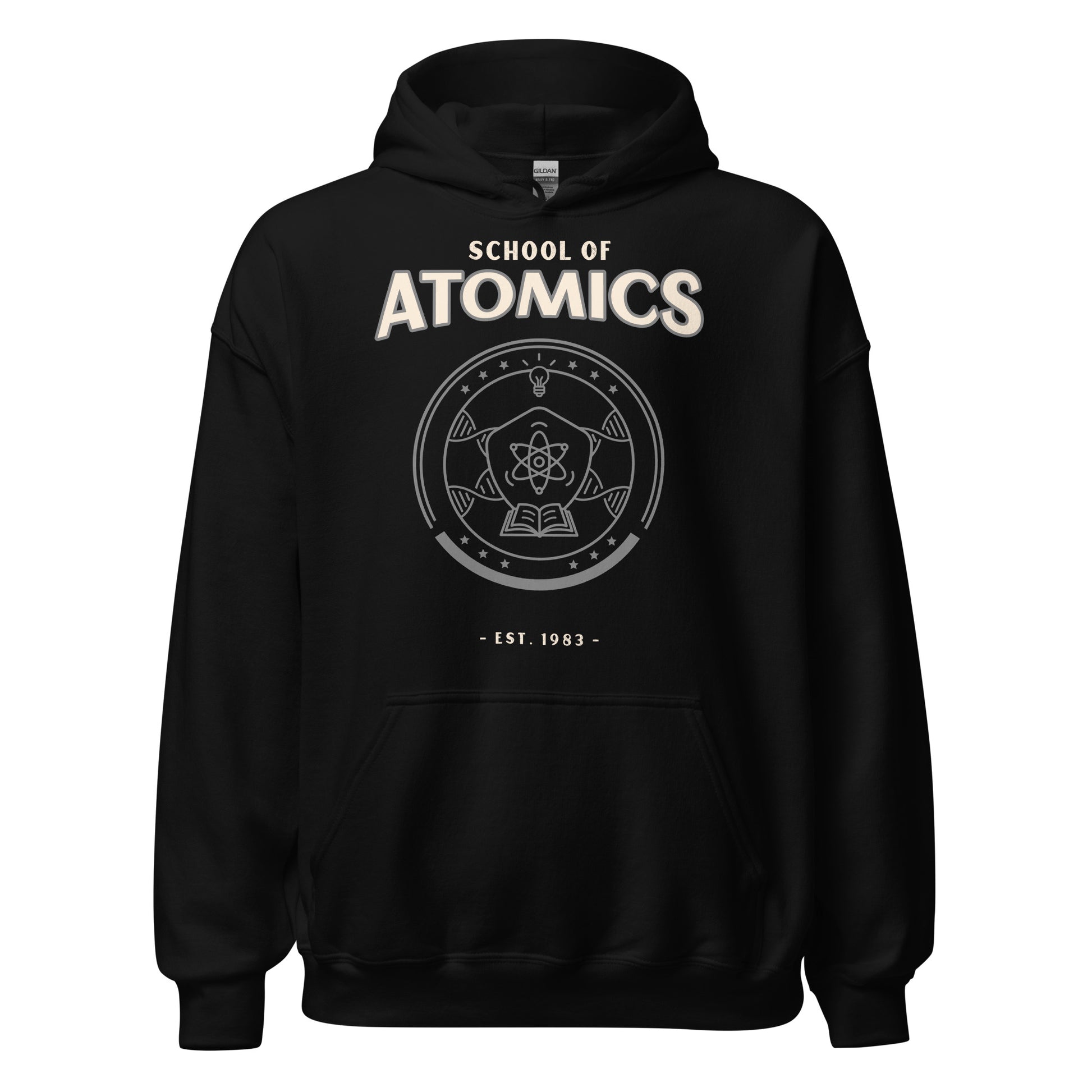Black School of Atomics hoodie with a vintage collegiate graphic.