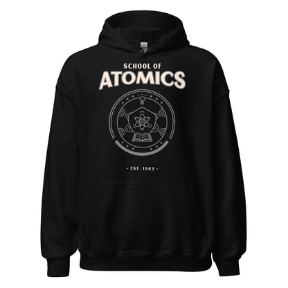 Black School of Atomics hoodie with a vintage collegiate graphic.
