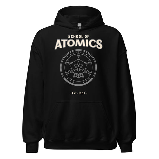 Black School of Atomics hoodie with a vintage collegiate graphic.