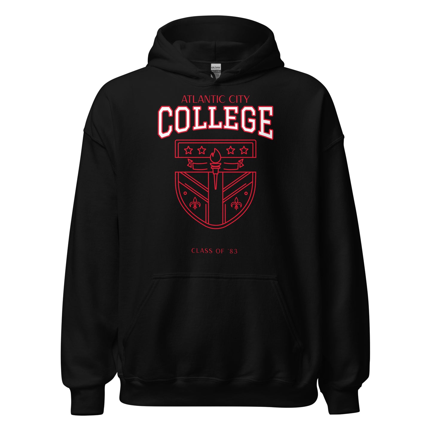 Black Atlantic City College hoodie with vintage crest and "Class of '83" text.