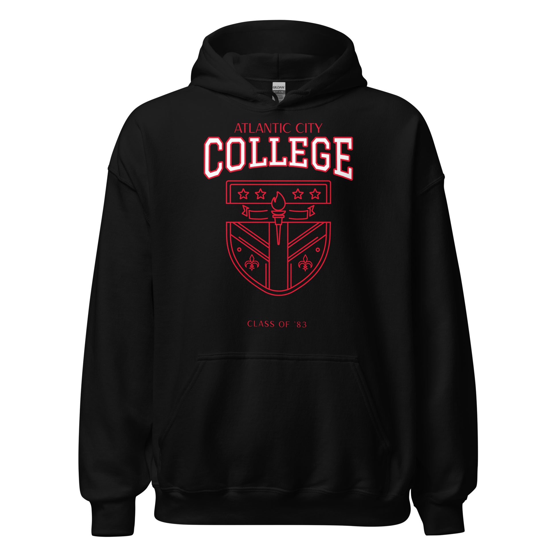 Black Atlantic City College hoodie with vintage crest and "Class of '83" text.